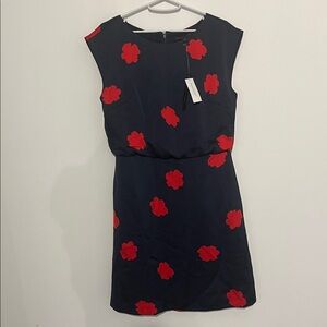 Banana Republic Dark Blue Dress with Bright Red Floral Pattern